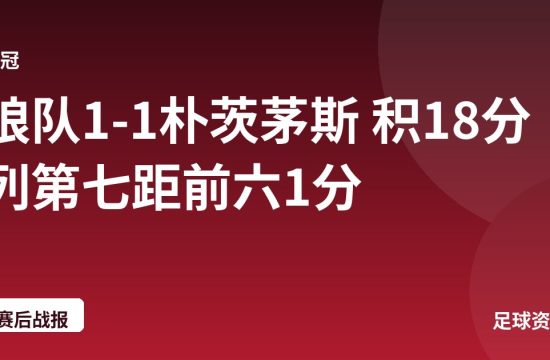 狼队1-1朴茨茅斯 积18分列第七距前六1分